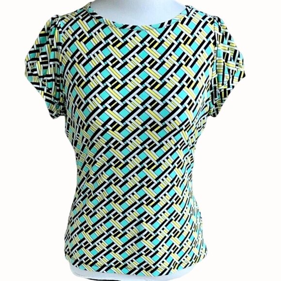 Worthington Tops - Worthington petite short cap sleeve stretch turquoise geometrical pattern PM